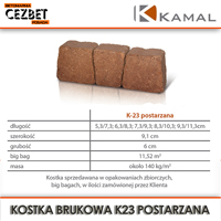 Wymiary kostki brukowej postarzanej Kamal model K-23